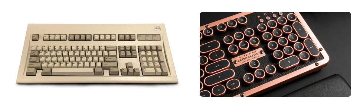 Mechanical keyboards The IBM model M keyboard produced in 1986 (left) and the Azio keyboard in leather and aluminum (right). Sources: wikimedia.org et ca-aziocorp.glopalstore.com
